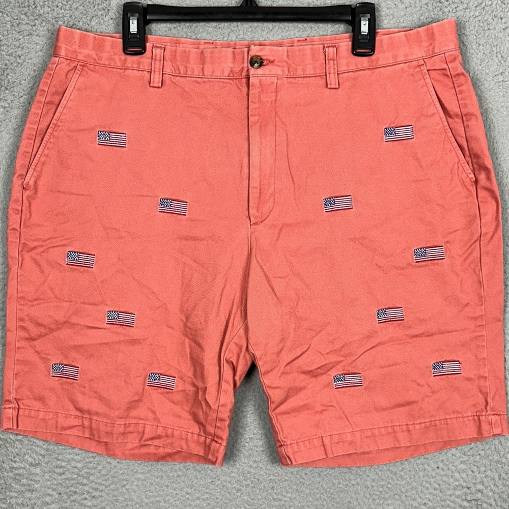 Orvis Shorts Mens 36 Chino Salmon Pink American Flag Embroidered Flat Front EUC